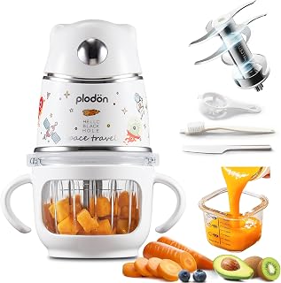 Plodon Baby Food Maker, 10 oz Glass Puree Blender with Cup Sleeve, Silver | Mini food processor for small batches, with 8 blades made of 316 stainless steel, brush, strainer plate and spatula.