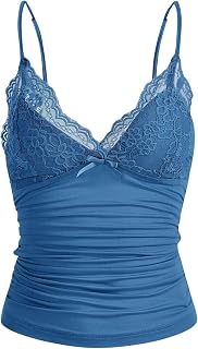 Naileksi Women Y2k Lace Trim Cami Top Spaghetti Strap Fairy Grunge Tank Top V Neck Ruched Bow Lace Patchwork Cami Shirt