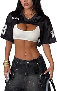 Verdusa Women's Jersey Shirts Y2K Oversized Crop Tops Mesh Spliced Satin Drop Shoulder Top