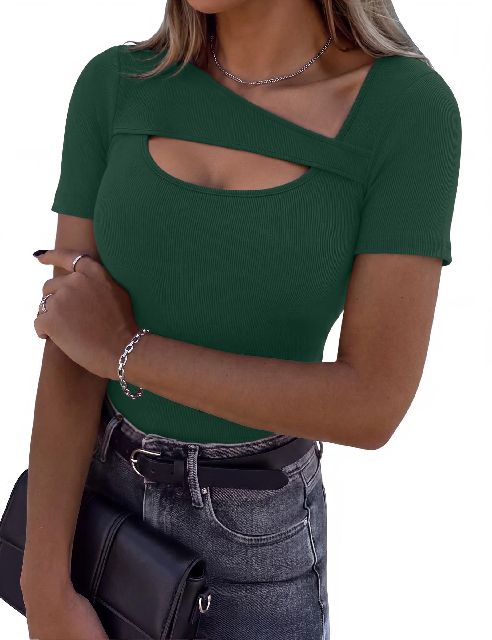Aottori T Shirts for Women UK Crew Neck Short Sleeve Tops Ribbed Slim Fit