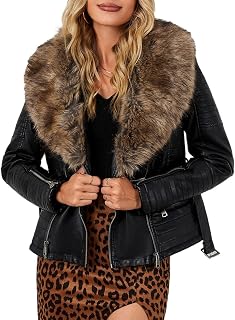 Bellivera Women's Faux Leather Trench Coat Fleece Lined Mid Length Jacket with Detachable Fur Collar