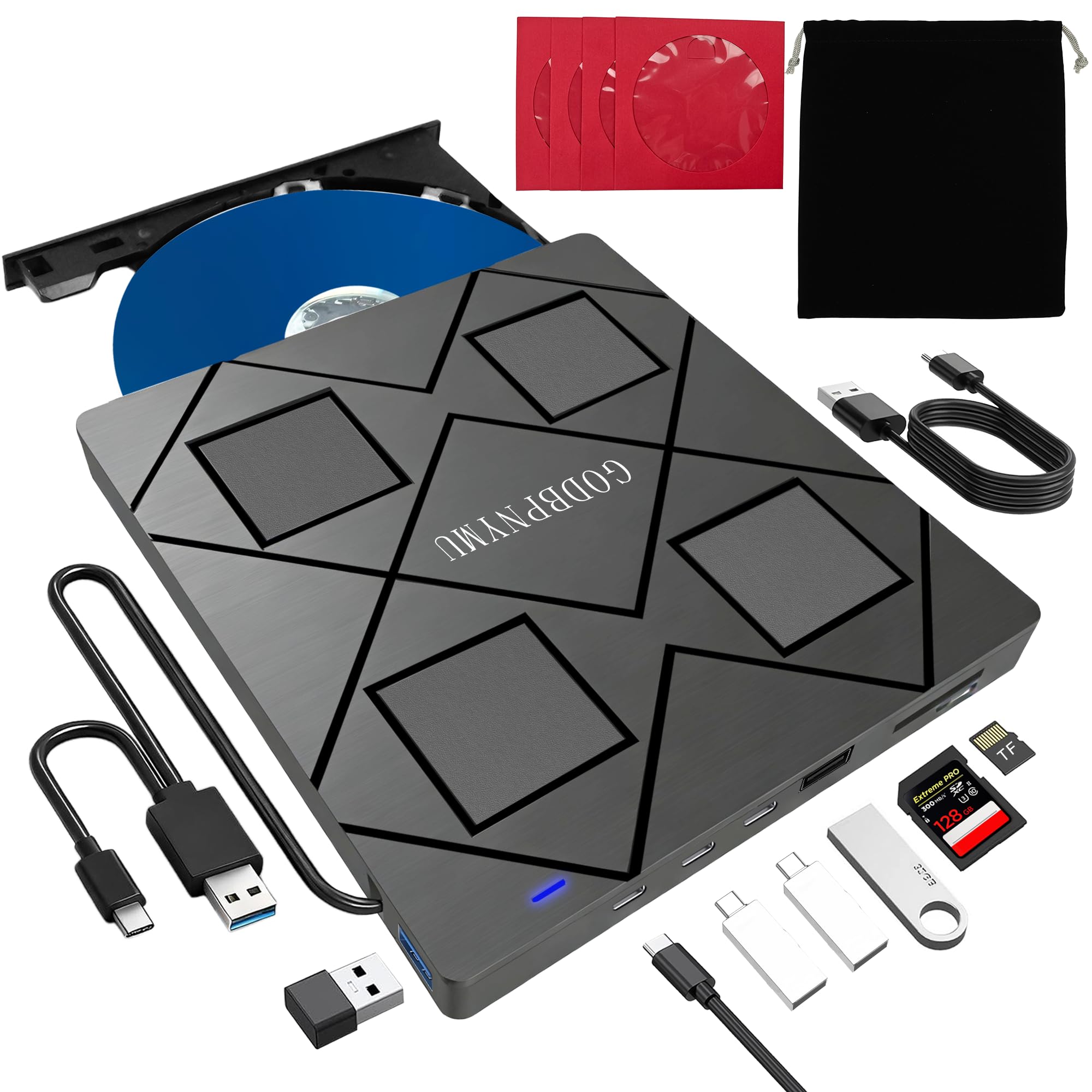 GODBPNYMU 8-in-1 External Blu-ray Drive, USB-C Hub & Card Reader for Laptop | Wi