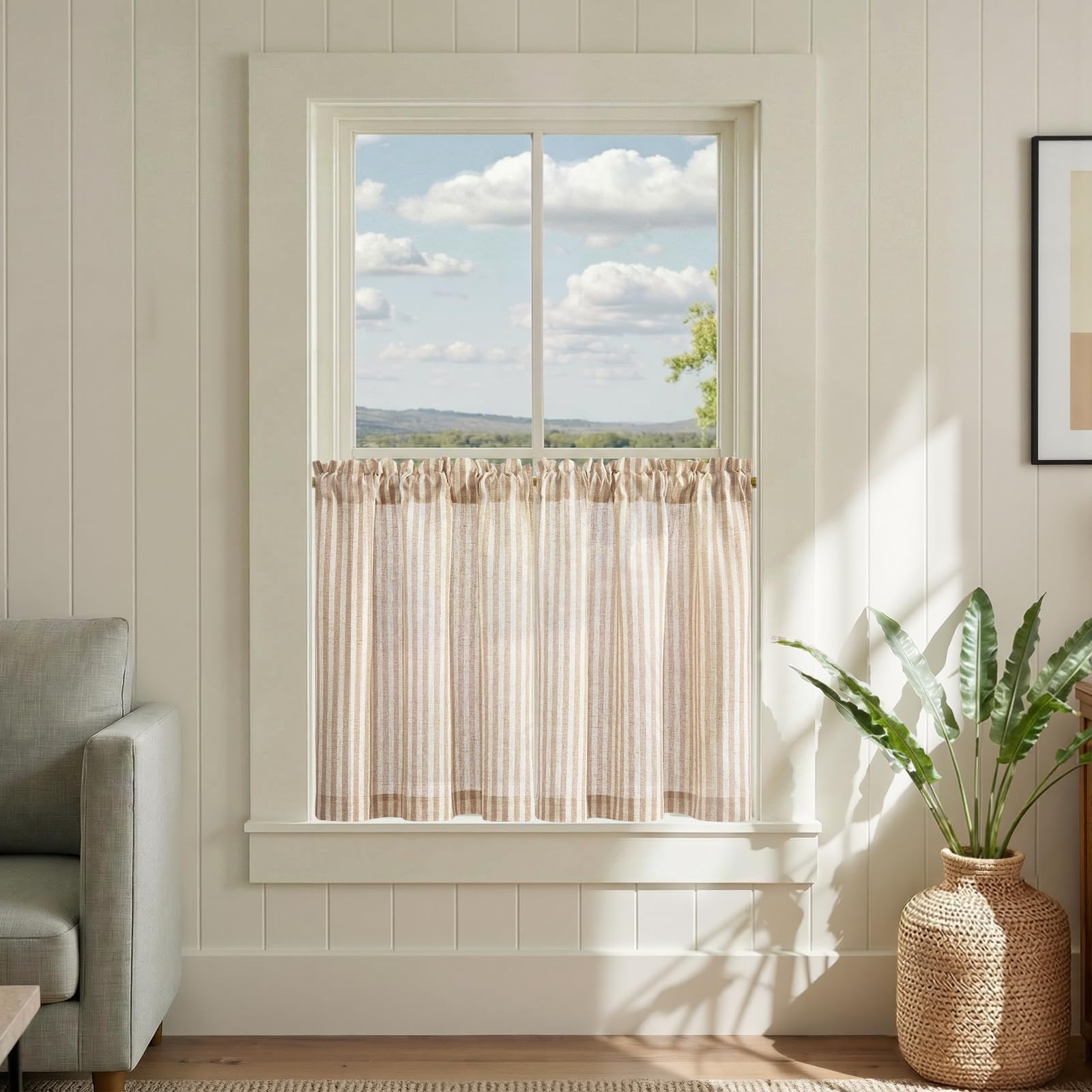JINCHAN Striped Kitchen Curtains Above Sink Linen Cafe Curtains 24" Length | Pin