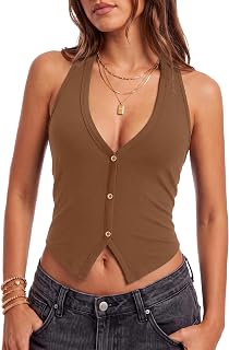 OPOIPIN Women's Halter Ribbed Knit Top V Neck Sleeveless Sexy Vest Tank Top