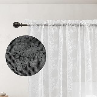 White Floral Sheer Lace Curtains 84 Inch Length, Vintage Embroidered Floral Lace Curtains Lightweight Translucent Rod Pocket Window Curtains for Bedroom Living Room- 2 Panels 57" W*84" L