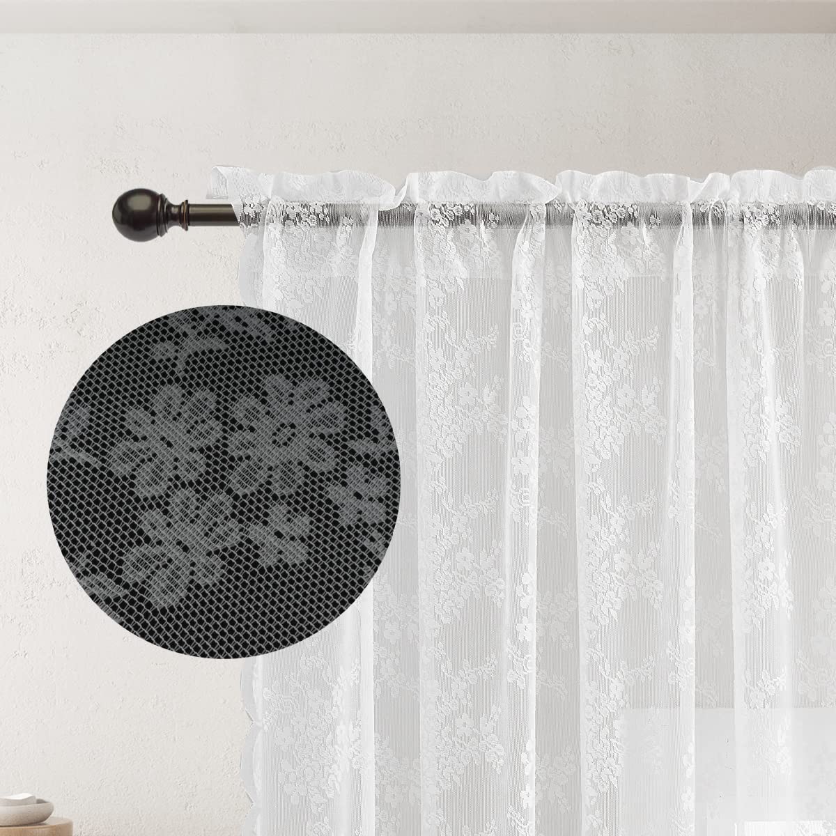 White Floral Sheer Lace Curtains 84 Inch Length, Vintage Embroidered Floral Lace