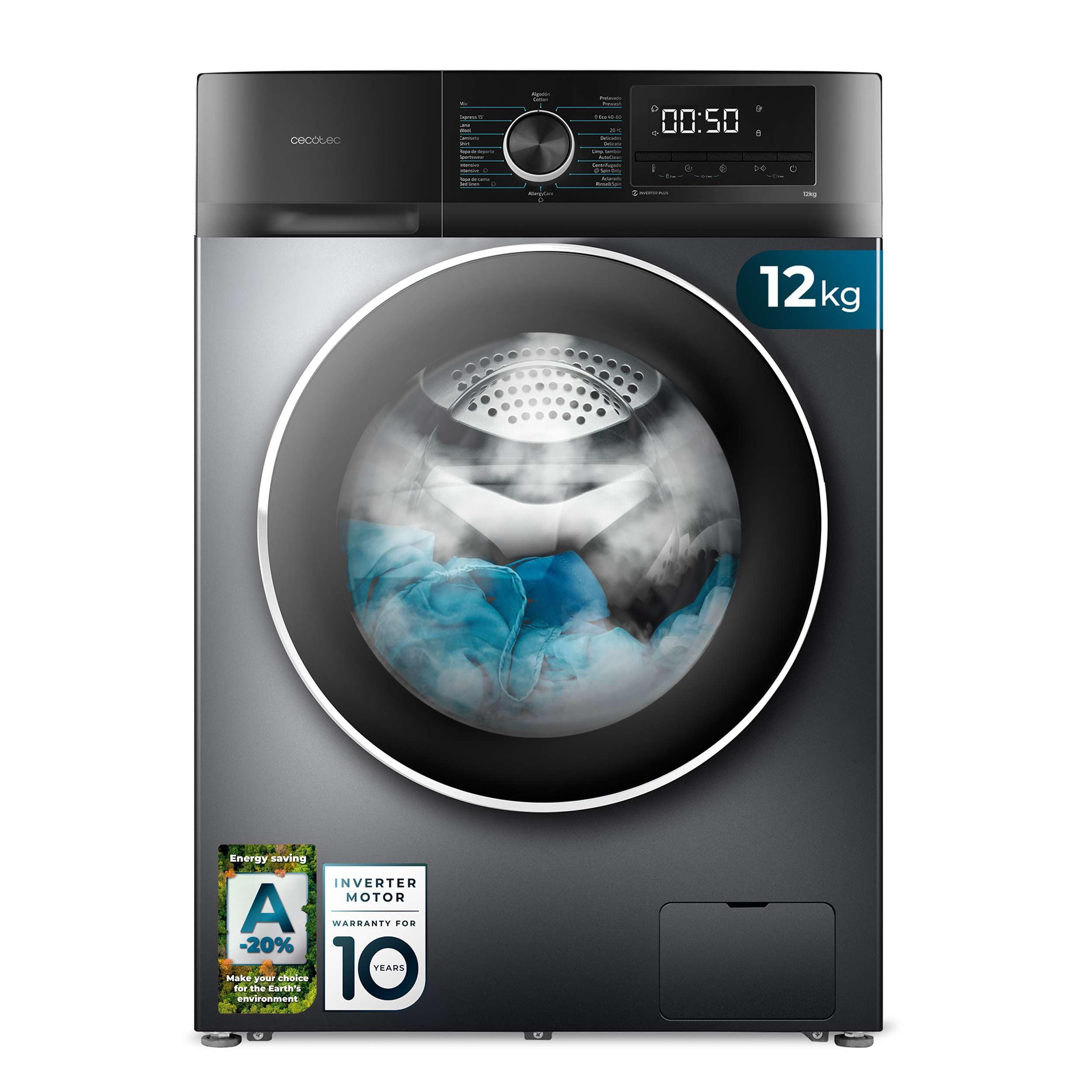Cecotec Washing Machine 12 kg Front Load Bolero DressCode 12500 Inverter Steel. 