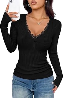 PRETTYGARDEN Women's Lace Trim Ribbed Knit Henley Long Sleeve Shirts