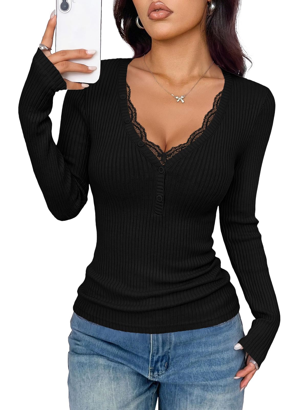 PRETTYGARDEN Women's Lace Trim Ribbed Knit Henley Long Sleeve Shirts