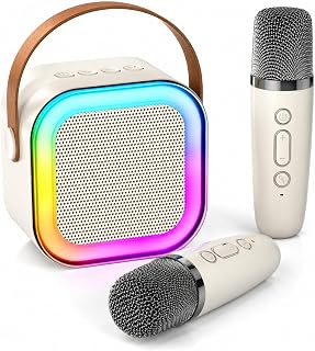 Karaoke Machines for Kids Adults, Mini Karaoke Machine with 2 Wireless Microphones, Portable Bluetooth Speaker with Voice Changing Effects & LED Lights for Boys and Girls (white)