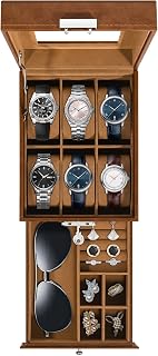 Uten Watch Box 6 Slots, 2-Tier Watch Case with Key Lock, Glass Lid, Watch Display Box for Men and Women, Brown Synthetic Leather, Brown Velvet Lining, Removable Pillows, Jewelry Storage Box, Gift Idea