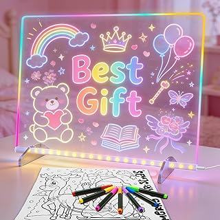 LED Drawing Board Birthday Gift Toy for 5-12 Year Old | 13×10 Inch Light Up Drawing Board, 8 Colors & 6 Light Modes, Includes 7 Markers, Soft Cloth and Hanging Chain
