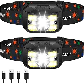 2 Pack Rechargeable Head Torch, Super Bright LED Headlamp for Adults Kids | Waterproof Headtorch with 8 Modes,Red Lights,Camping Essentials Headlight for Running,Fishing,Christmas Gift for Him Men