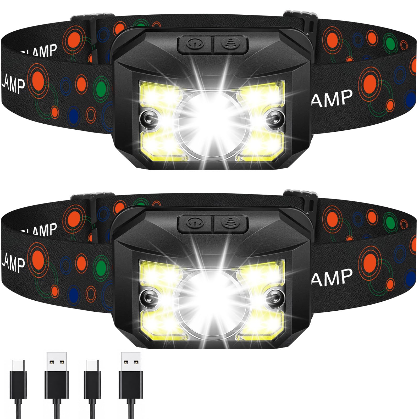 2 Pack Rechargeable Head Torch, Super Bright LED Headlamp for Adults Kids | Wate
