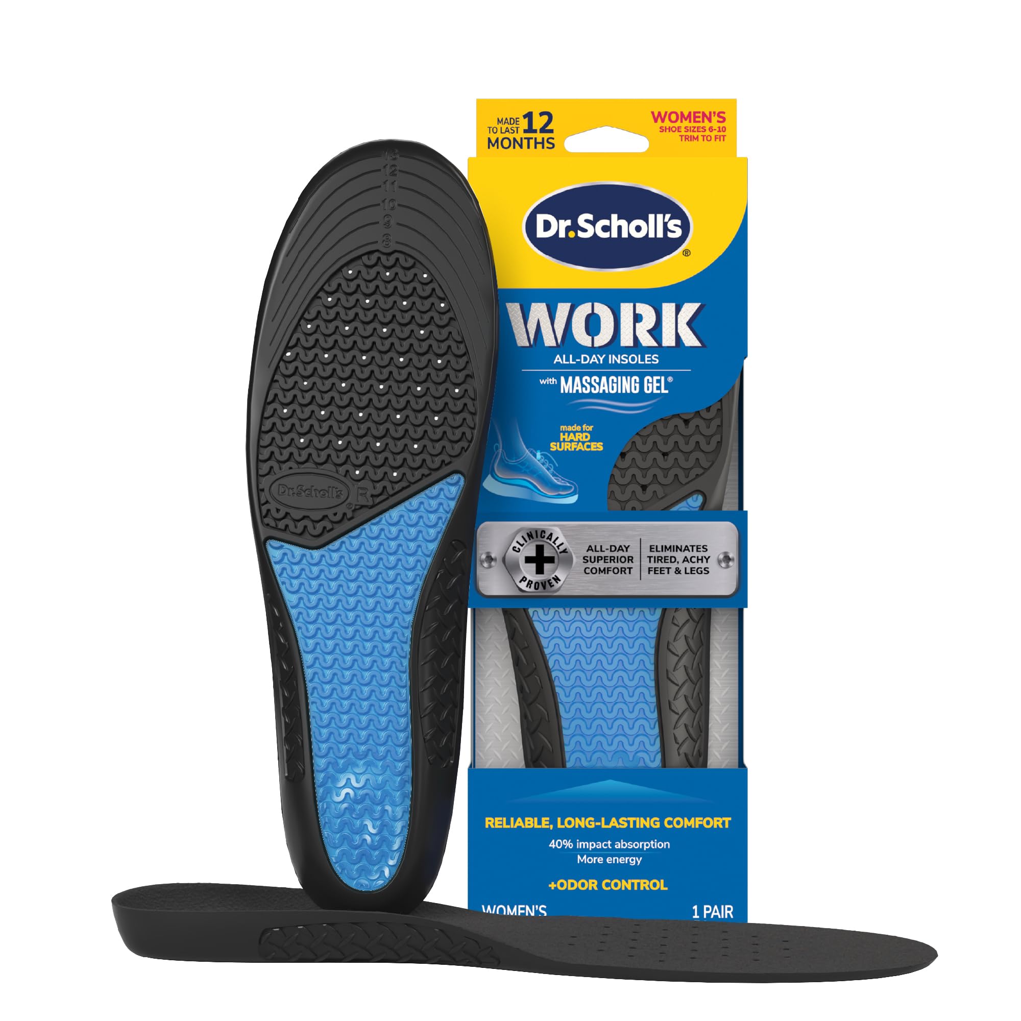Work All-Day Superior Comfort Insoles (with) Massaging Gel, Women, 1 Pair, Trim 