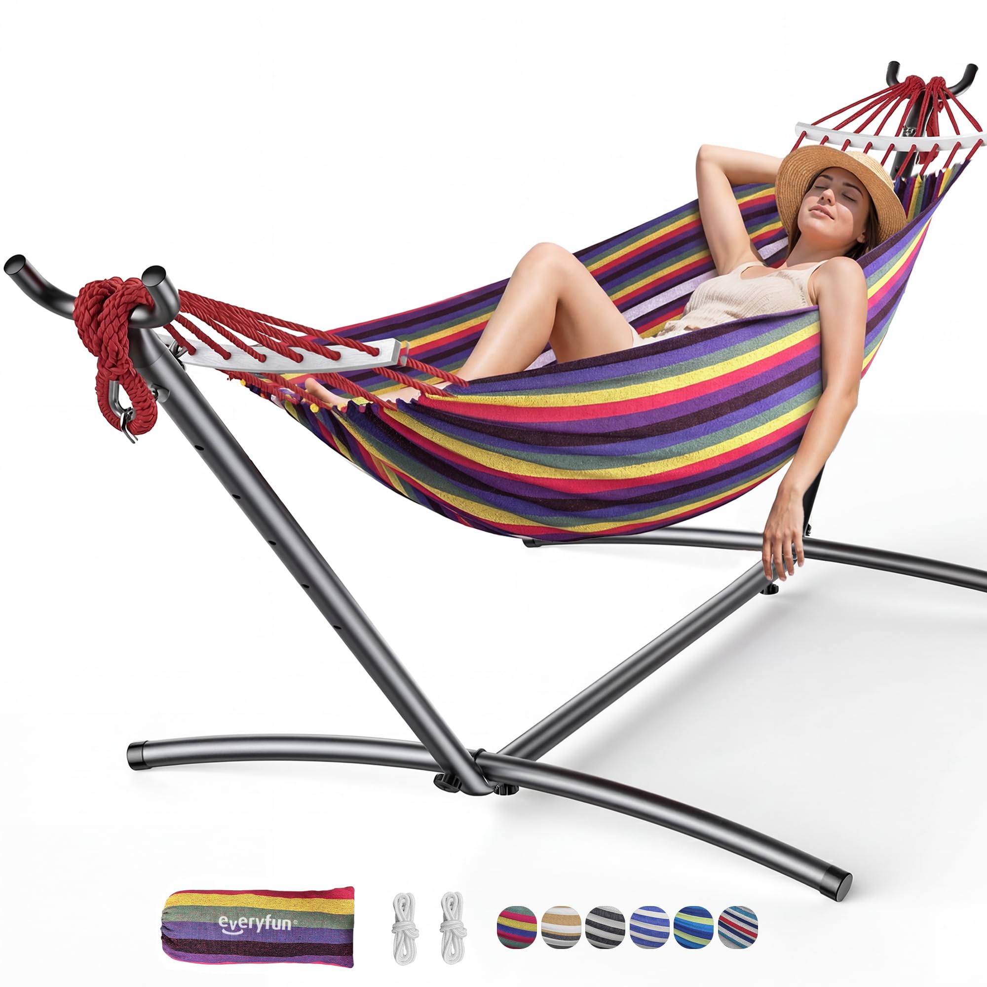 Everyfun Double Hammock with Stand for 2 Person, 600 lb Capacity, Rainbow | Free
