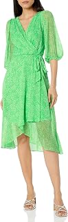 DKNY Women's Chiffon Balloon Sleeve Faux Wrap Midi Dress with High-Low Hem