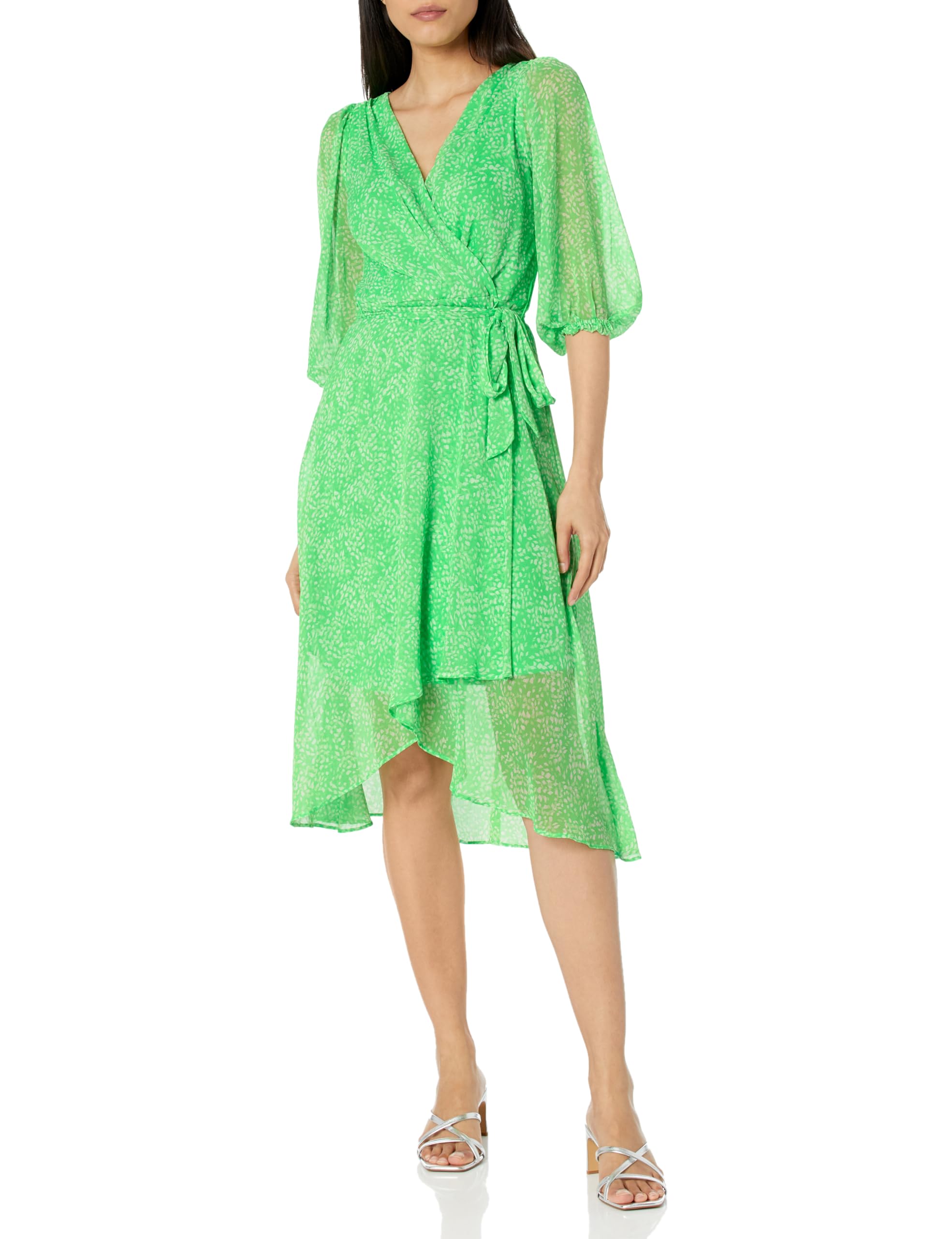 DKNY Women's Chiffon Balloon Sleeve Faux Wrap Midi Dress with High-Low Hem