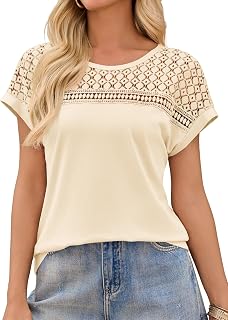 Women Lace Tops Casual Short Sleeve Round Neck Loose Blouses
