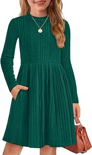 Arshiner Girls Dresses Long Sleeve A Line Knit Sweater Dress with Pockets