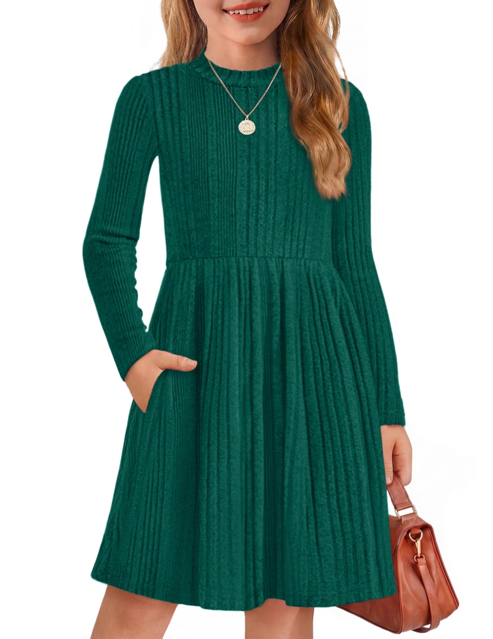Arshiner Girls Dresses Long Sleeve A Line Knit Sweater Dress with Pockets