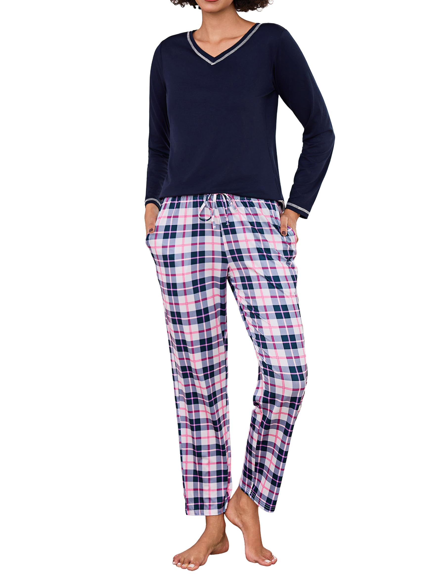 Bresdk Pyjamas for Women Cotton V Neck Long Sleeve Top and Plaid Trousers Winter