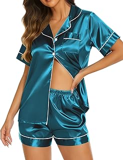 Ekouaer Silk Satin Short Sleeve Button Down Pajama Set for