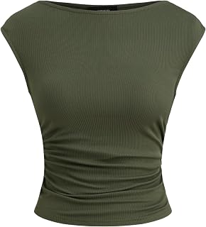 CIDER Women Ruched Boat Neck Sleeveless Tank Top Knitted Slim Fit Tank Top