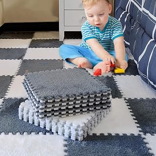 Baby Play Mats 20 Pcs Soft Fluffy Fur Puzzle Interlocking Foam Floor Tiles for Kids, Environment Friendly Toddlers Playmats 30 * 30 * 0.6cm for Living Room Nurseries Kids Play Area (Gray & White)