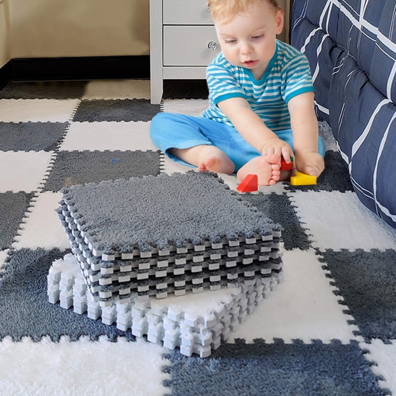 Baby Play Mats 20 Pcs Soft Fluffy Fur Puzzle Interlocking Foam Floor Tiles for K