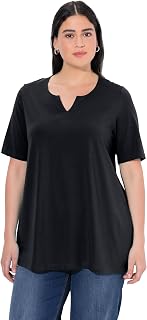Ulla Popken Women's Plus Size Short Sleeve T-Shirt with Tunisian Collar, Flared Fit 807259
