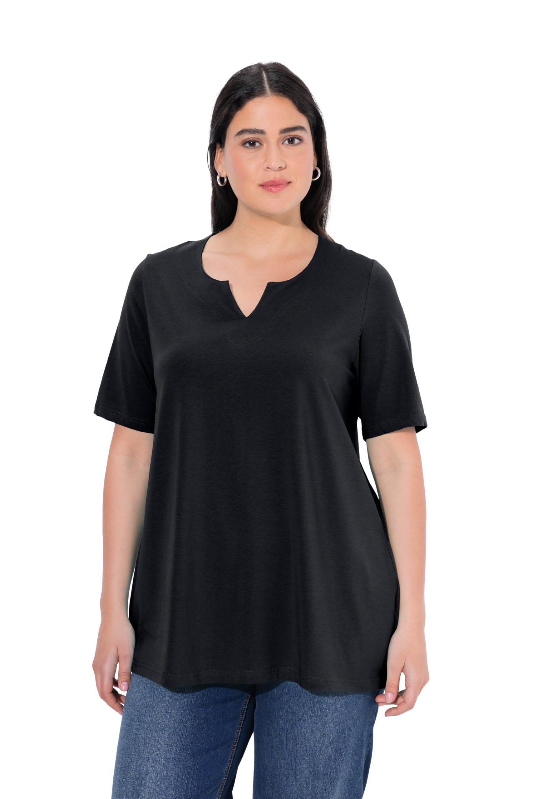 Ulla Popken Women's Plus Size Short Sleeve T-Shirt with Tunisian Collar, Flared 