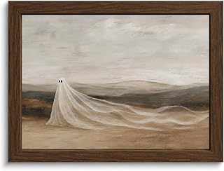 YPDQJW Vintage Ghost Wall Art, Framed Halloween Landscape Print,10x8 in | Cute ghost picture over hills in neutral earth tones, Moody rustic wall decor for living room, bedroom, hallway or entryway.