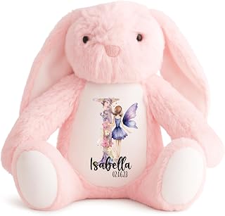 Crafted Memories - Personalised Bunny Rabbit Teddy | Velveteen Rabbit Soft Toy | Customisable Name for Newborns | Keepsake for Boys & Girls | Baby Shower Item | Water Colour Initial |, 20-23cm