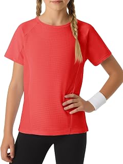 Haloumoning Magliette sportive a maniche corte a blocchi di colore per ragazze, ad asciugatura rapida, girocollo, abbigliamento sportivo, 5-14 anni