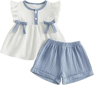 Amnnchya Toddler Girl Clothes Baby Summer Spring Outfits Cute Bow Button Smocked Ruffle Sleeve Tops ＋ Girls Shorts Set
