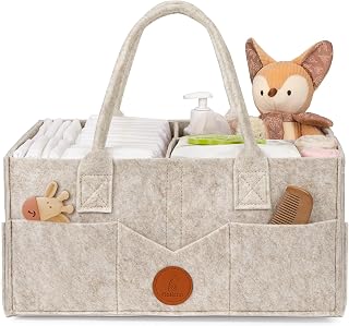 Maliton Felt Diaper Caddy Organizer for Changing Table - Large, Khaki | 15x9x7" Portable Nursery Storage Bin and Car Organizer for Diapers, Wipes. Boy &amp; Girl Shower Gift Basket, Baby Essentials