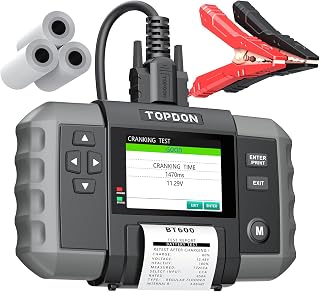 TOPDON BT600 12V Battery Tester, 12V/24V Cranking Charging Tests | 100-2000CCA Digital Battery Voltage Tester, Alternator Load Tester, 3.5" Screen with Built-in Printer