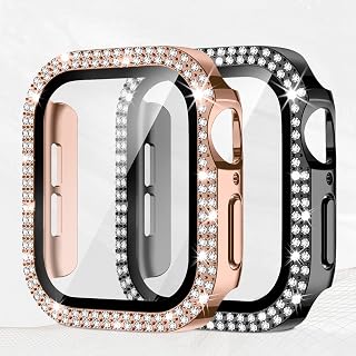 Diamond Double Row Case Compatible with Apple Watch 46 45 44 42 41 40mm, Protective Case with Built-in Screen Protector for Series 11/10/9/8/7/6/5/4/3 (Color : Black/Rose Gold, 46mm