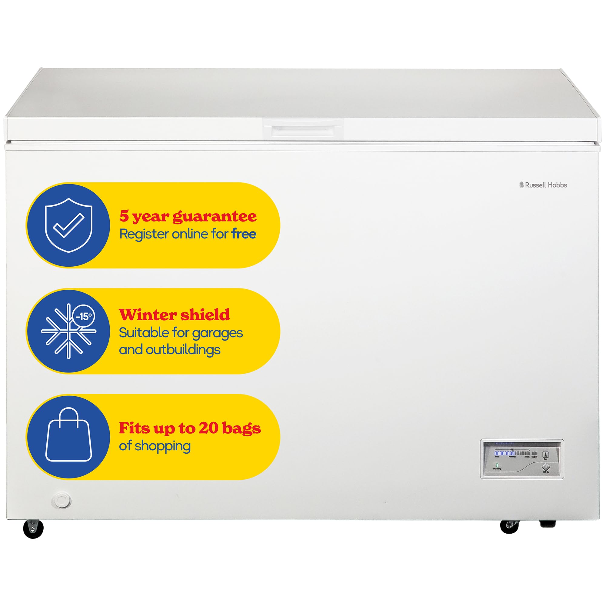 Russell Hobbs Free Standing Chest Freezer, 300 Litres, Low Noise, Garage Safe, C