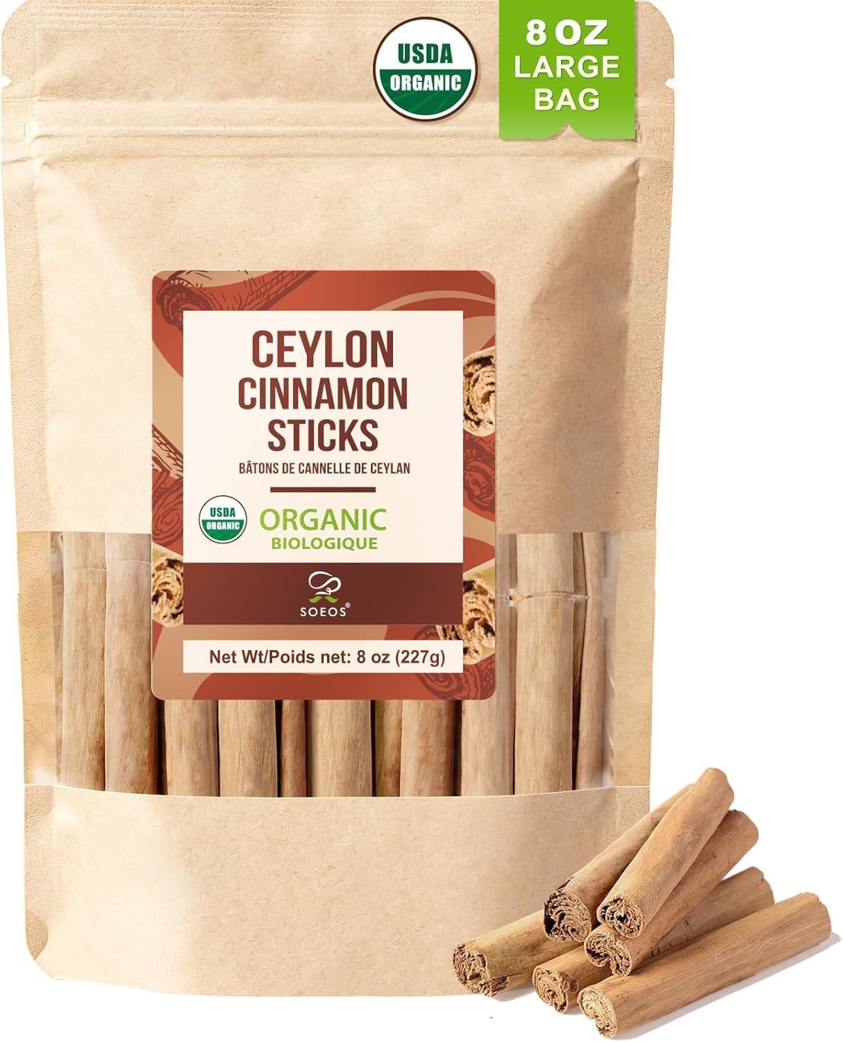 Soeos Ceylon Cinnamon Sticks, 227g (8 oz) - Imported from Sri Lanka, Naturally S
