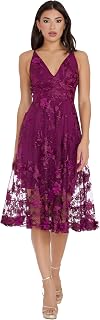 Dress The Population Womens Audrey Spaghetti Strap Midi A-line 3D Floral Dress