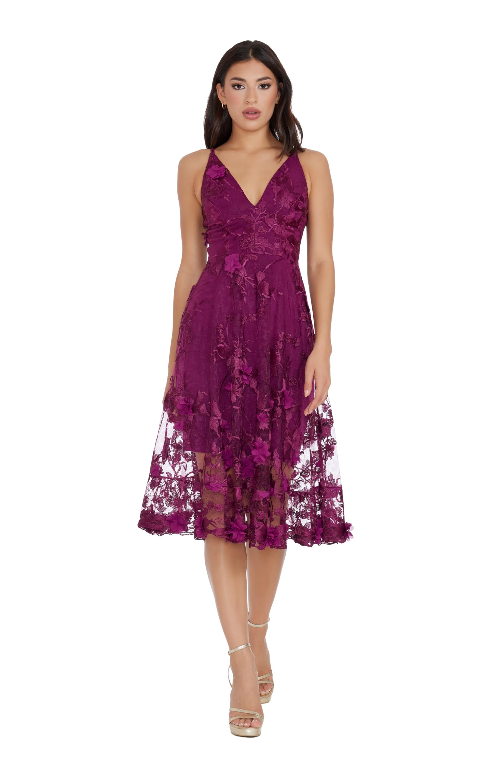 Dress The Population Womens Audrey Spaghetti Strap Midi A-line 3D Floral Dress