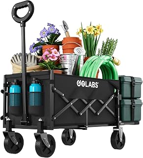 Golabs WA1 Collapsible Folding Wagon Cart, Max 220lb Load, Expands to 100L | Dual-Bearing Wheels, Smooth Swivel Steering, Drop-Down Tailgate, Extended Storage, 2 Cup Holders,Grocery/Garden/Camping,Black