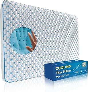 Cooling Gel Flat Pillow for Stomach and Back Sleepers, Ultra Thin Pillow for Sleeping, Slim Stomach Sleeping Pillows, Low Profile Memory Foam Pillows with Washable Cover