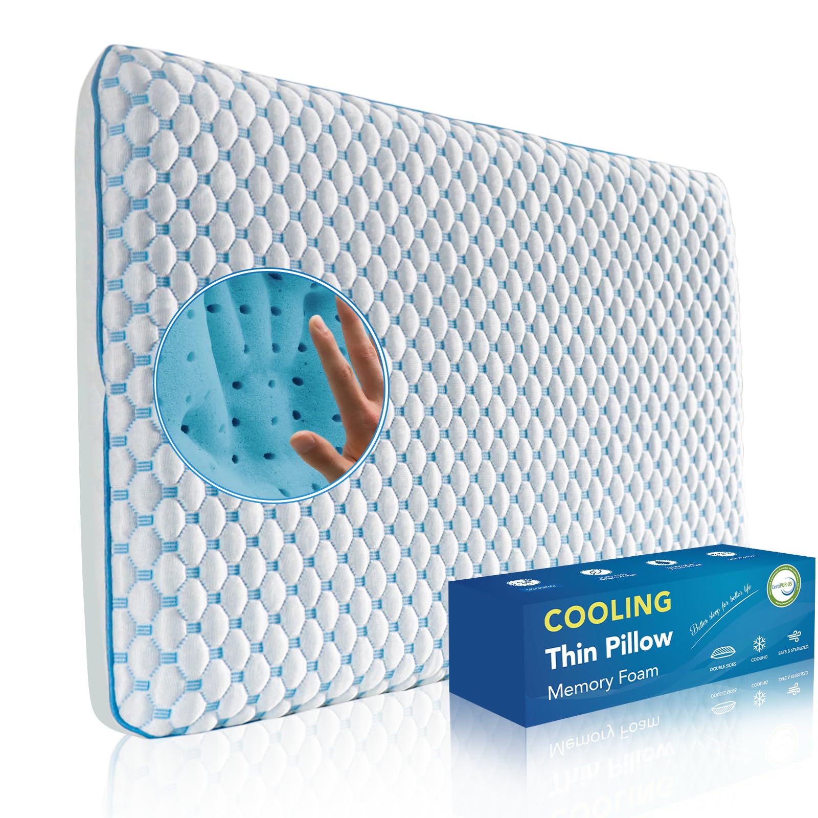Cooling Gel Flat Pillow for Stomach and Back Sleepers, Ultra Thin Pillow for Sle