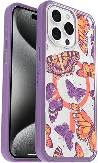 Cover per Apple iPhone 15 Pro Max OtterBox Symmetry Clear MagSafe, resistente a shock e cadute fino; sottile, testata 3x norme MIL-STD 810G, Butterfly Flutter
