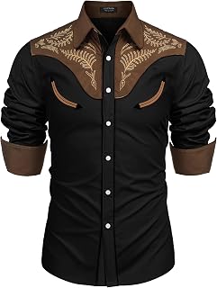 COOFANDY Men's Western Shirts Long Sleeve Slim Fit Embroidery Cowboy Casual Button Down Shirt