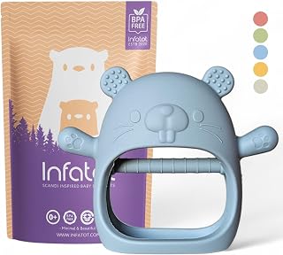Infatot® Teething Toys for Baby Gifts – Chipmunk Silicone Mitten Teether, Soothing Glove for Infants, Baby Toys 0-6 Months, Soft Chewable Teether Toy to Prevent Finger Sucking, CM Blue.