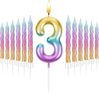 Bougies d'anniversaire en forme de chiffre arc-en-ciel de 6,8 cm avec 12 bougies en spirale pour la première année pour bébé fille et garçon (chiffre 3)